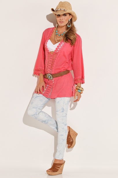 F4385-3Rosy Long Sleeves Deep V-neck Crochet Trim Casual Cover-up